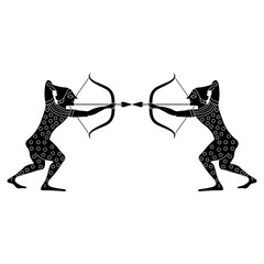 Symmetrical design with two fighting Scythian archers with bows and arrows. Ethnic ancient Greek vase painting design. Black and white silhouette.