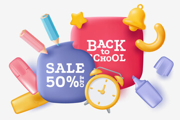 Back to School Sale Banner with pencils, markers, and clock. Vector illustration in 3D style