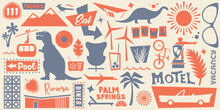 Palm Springs Landmarks | Retro Styled Icons Showcasing The Coachella Valley | Mid Century California Design | Desert Vacation Pattern