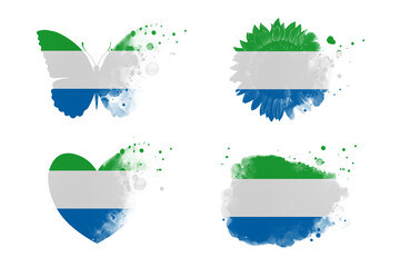 Sublimation backgrounds different forms on white background. Artistic shapes set in colors of national flag. Sierra Leone