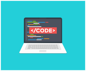 Computer software with programming coding text application window on laptop screen logo design. Digital industry. Innovations and technologies. Big data processing, computing isometric vector design.