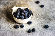 Close-up Of A Bowl Of Fresh Blueberries On A Table