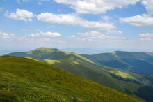 Natural Summer Landscape With Green Mountains Covered Grassy Meadows And Forest On Sunny Day. Borzhava, Carpathians, Ukraine