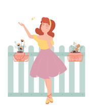 Retro Woman From The 50's In Retro Clothes In Front Of A Fence With Flowers. Cute Vector Color Illustration. Woman Gardener In Retro Style With Puffy Skirt And Polka Dot Blouse. 