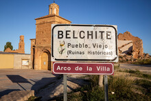 Village Entry Sign At The Old Town Of Belchite (Belchit), Campo De Belchite, Province Of Zaragoza, Aragon, Spain