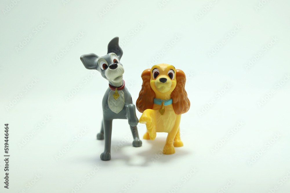 Dogs toys from the movie Lady and the Tramp. Couple of dogs in