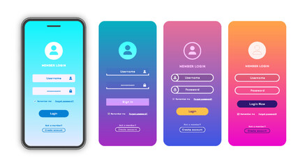 Wall Mural - Vector login form page template set on trendy gradient background for app development, smartphone mockups, website ui elements, online login form, registration, user profile, access to account. 10 eps