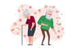 Elderly people weak immune system concept. Unhealthy old man and ill senior woman surrounded by viruses and germs. Pensioners risk get sick during pandemic infection. Age person without immunity. Eps