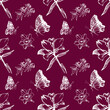 Pattern con fiori e farfalle bianche su sfondo lilla