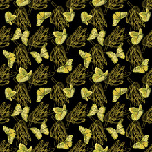 Seamless Vector Botanical Pattern With Green Butterflies And Agapanthus Flowers On A Black Background 