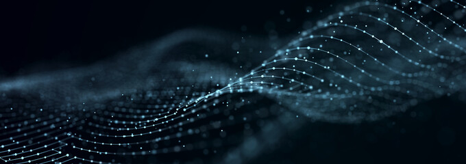 Wall Mural - a wave of dots and lines of network connection. technological background. 3d rendering.