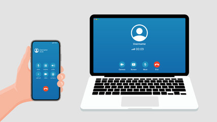 Screen video call interface template. UI icons for phone chat. Mockup of web app conference, webinar design for business. Vector. Digital flat illustration of display with buttons and voice concept