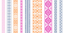 Embroidery Ribbon Vector Patterns, Lace Seamless Border, Fashion Edge Stripes.
