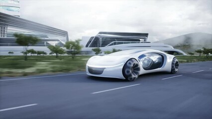 Wall Mural - Futuristic electric car very fast driving on highway. Futuristic city concept. Realistic 4k animation.