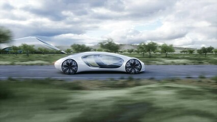 Wall Mural - futuristic electric car very fast driving on highway. futuristic city concept. realistic 4k animatio