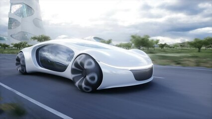 Wall Mural - Futuristic electric car very fast driving on highway. Futuristic city concept. Realistic 4k animation.