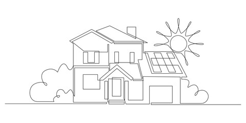 Poster - One continuous line drawing of house with Solar panel on the roof. Green energy and renewable resources in simple linear style. Home power station concept. Editable stroke. Doodle vector illustration