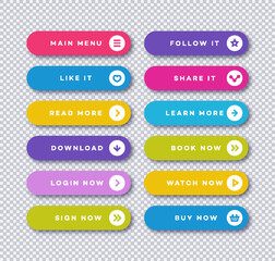 Set of vector button flat style with user interface icons isolated on transparent background for web site, ui, mobile app. Call to action icon button. 10 eps