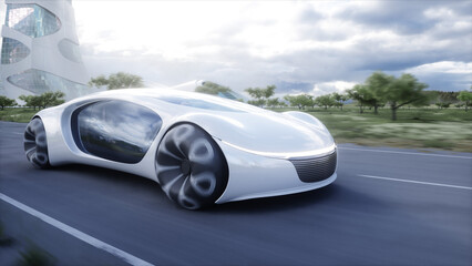 futuristic electric car very fast driving on highway. futuristic city concept. 3d rendering.