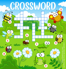 Poster - Cartoon funny insects on meadow crossword grid, find a word quiz worksheet. Vector search puzzle for children with caterpillar, butterfly, frog, bee, dragonfly, ant, fly, ladybug, beetle, cross word