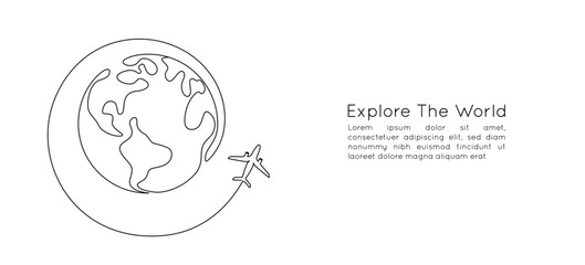 Poster - One continuous line drawing of Earth globe with airplane. Flight route path on world map in simple linear style. Travel and flight airline symbol concept. Editable stroke. Doodle vector illustration