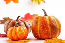 Many Colorful Pumpkins With Autumn Leaves On White Background With Space For Text