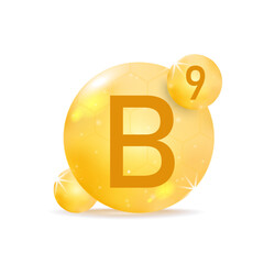 Vitamin B9 golden icon. Drop vitamin pill capsule.