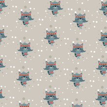 Drawing Of Adventurous Cat Pattern Illustration Character Design In Winter. Doodle Cartoon Style.