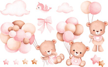 Watercolor Illustration Set Of Baby Bear And Balloons