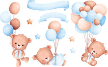 Watercolor Illustration Set Of Baby Bear And Balloons