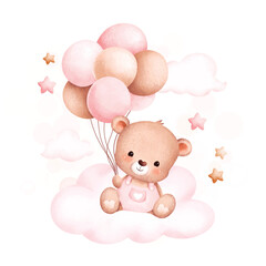 watercolor illustration cute baby bear and balloons sitting on cloud