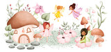 Watercolor Illustration Fairy Garden and plants