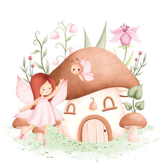 Watercolor Illustration Fairy Garden and Mushroon House