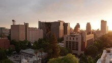 Rising Aerial Shot Of Downtown Sacramento At Sunset. 4K