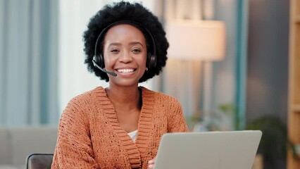 Poster - Freelancer, remote worker and call center agent typing on laptop and smiling while wearing headset. Female entrepreneur answering calls and assisting with customer service while working from home