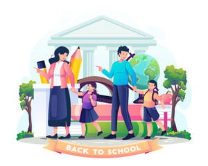 Wall Mural - Students are escorted by their parents to school. Parents take their children to school. Back to school concept design. Vector illustration in flat style