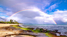 Rainbow Over The Popular Surfing Place Sunset Beach , Oahu, Hawaii
