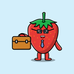 Wall Mural - Cute cartoon strawberry businessman character holding suitcase illustration