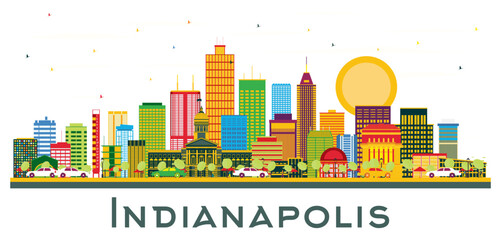 Wall Mural - Indianapolis USA City Skyline with Color Buildings and Blue Sky Isolated on White.