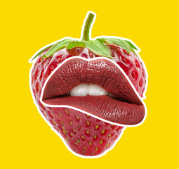 Sticker - Funny ripe strawberry with sexy red lips on yellow background