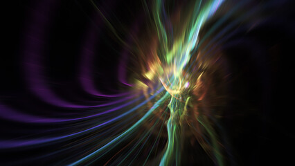 Wall Mural - Abstract violet and gold glowing shapes. Fantastic light background. Digital fractal art. 3d rendering.