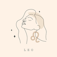 Wall Mural - Leo zodiac sign. One line drawing. Astrological icon with abstract woman face. Mystery and esoteric outline logo. Horoscope symbol. Linear vector illustration in minimalist style.