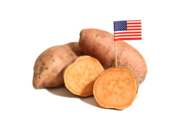 Wall Mural - Sweet Potatoes Isolated on White Background With American Flag