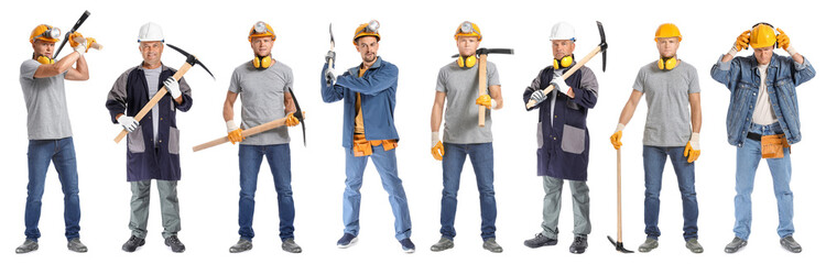 Wall Mural - Set of miner men on white background