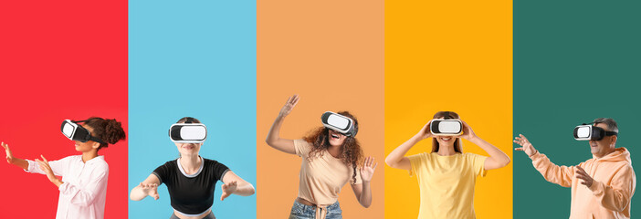 Poster - Set of people with virtual reality glasses on color background
