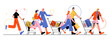 Sale run concept with happy people with shopping carts rush to store. Vector flat illustration of discount in mall, black friday sale with running customers and shoppers