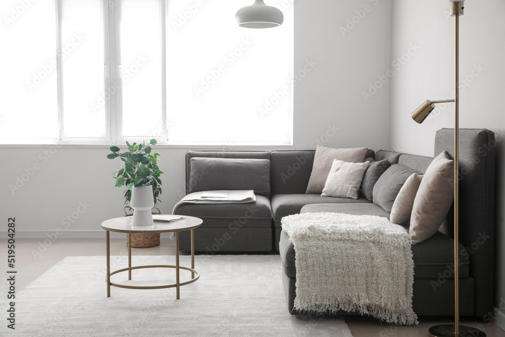 Interior of modern living room with black sofa and table