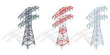 Isometric High Voltage Transmission Lines And Power Pylons. Electricity Pylons. Electric Energy Factory Distribution Chain. High Voltage Pylon