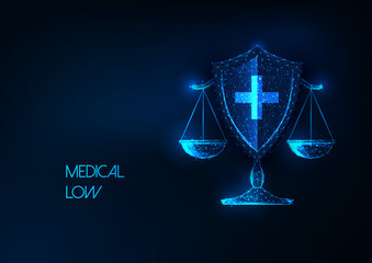 Wall Mural - Medical law concept with justice scales and protective shield in futuristic glowing style on blue 