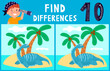 © светлана аркаллаева - Dino illustration. Find 10 differences. Educational funny game for children. Puzzle for children, kid. Print and play